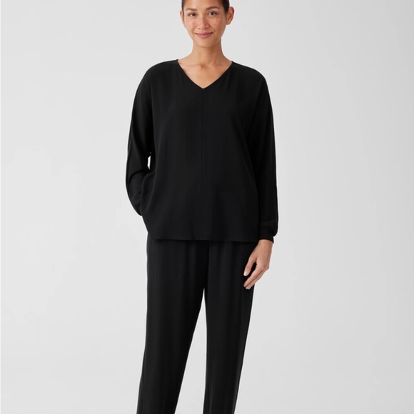 Eileen Fisher Silk Georgette Crepe Dolman Sleeve Top Size XL Minimalist Black